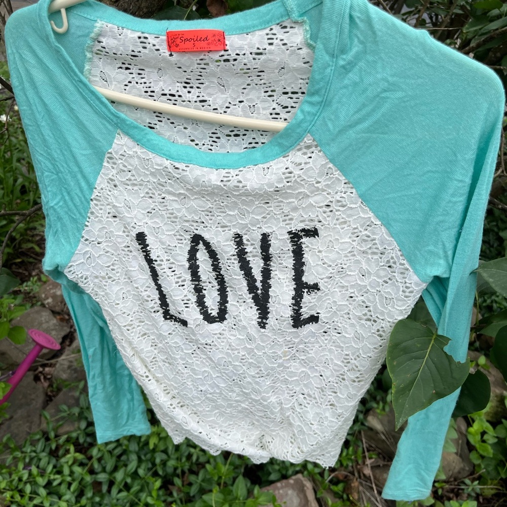 Spoiled Teal and White Long Sleeve Lace Tee